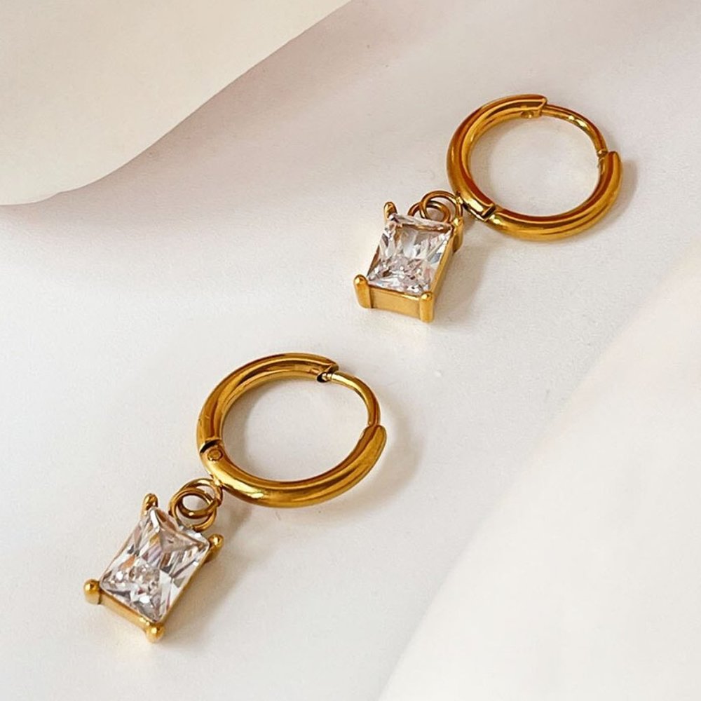 Clear Rectangle Zirconia Gemstone Hoop Earrings 18K Gold Plated Stainless Steel - Picture 4 of 9